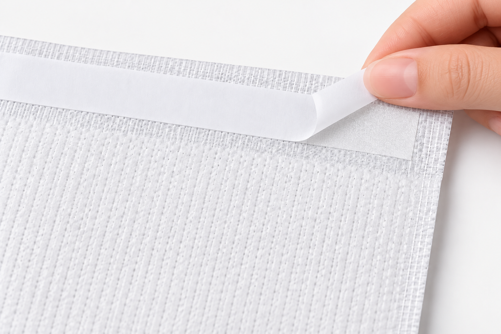 Close up of adhesive strip backing being peeled off Medico disposable adult bib