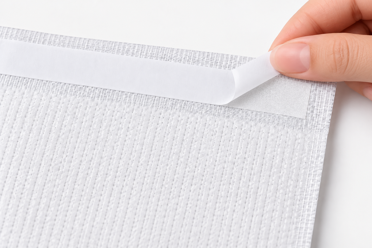 Close up of adhesive strip backing being peeled off Medico disposable adult bib