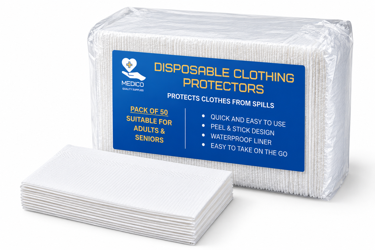 A pack of white MEDCO disposable clothing protectors wrapped in clear plastic with a blue front label, shown next to a stack of folded white protectors on a white background.