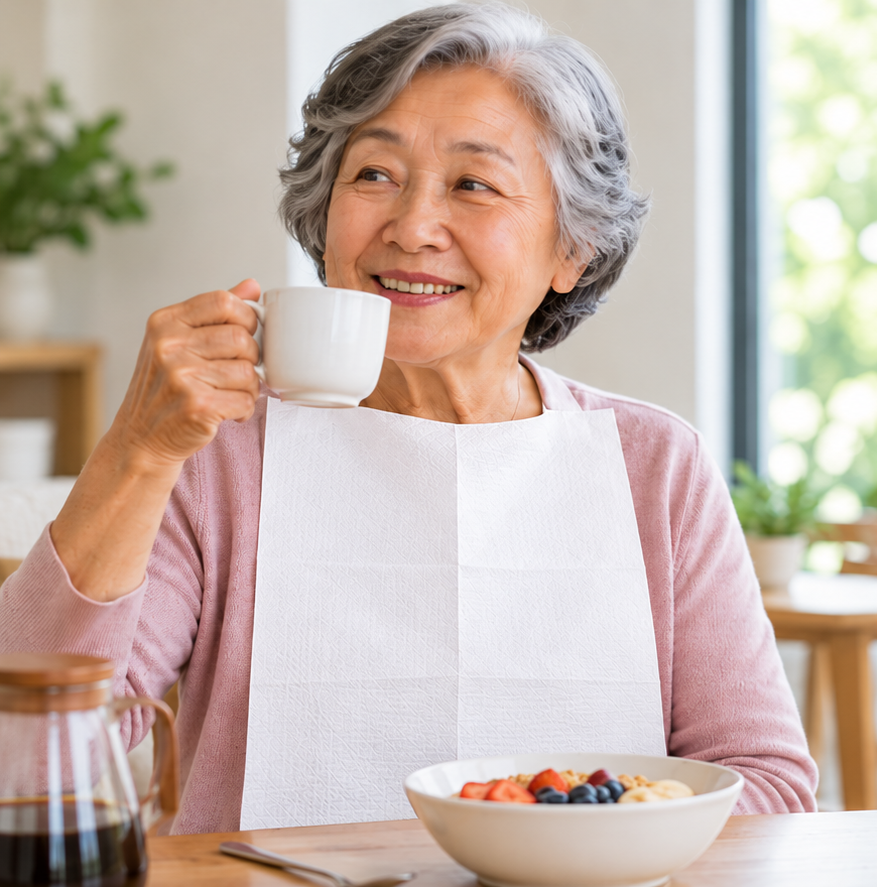 An elderly woman uses a Medico disposable clothing protector while having breakfast