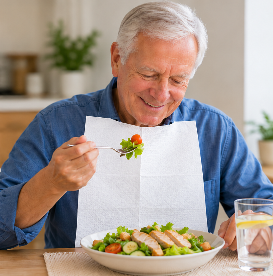 An elderly man uses a Medico disposable clothing protector while having lunch